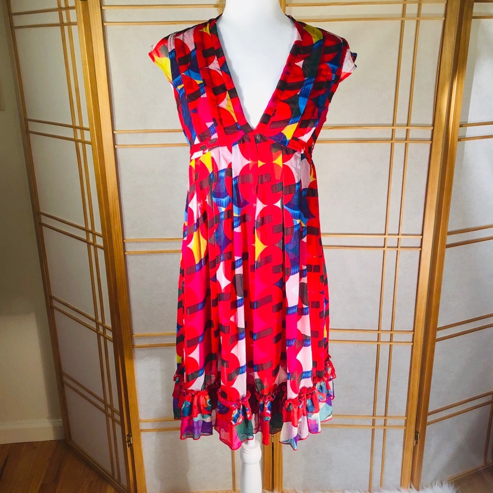 Desigual V-Neck Ruffle Kaleidoscope Dress Sz:Small